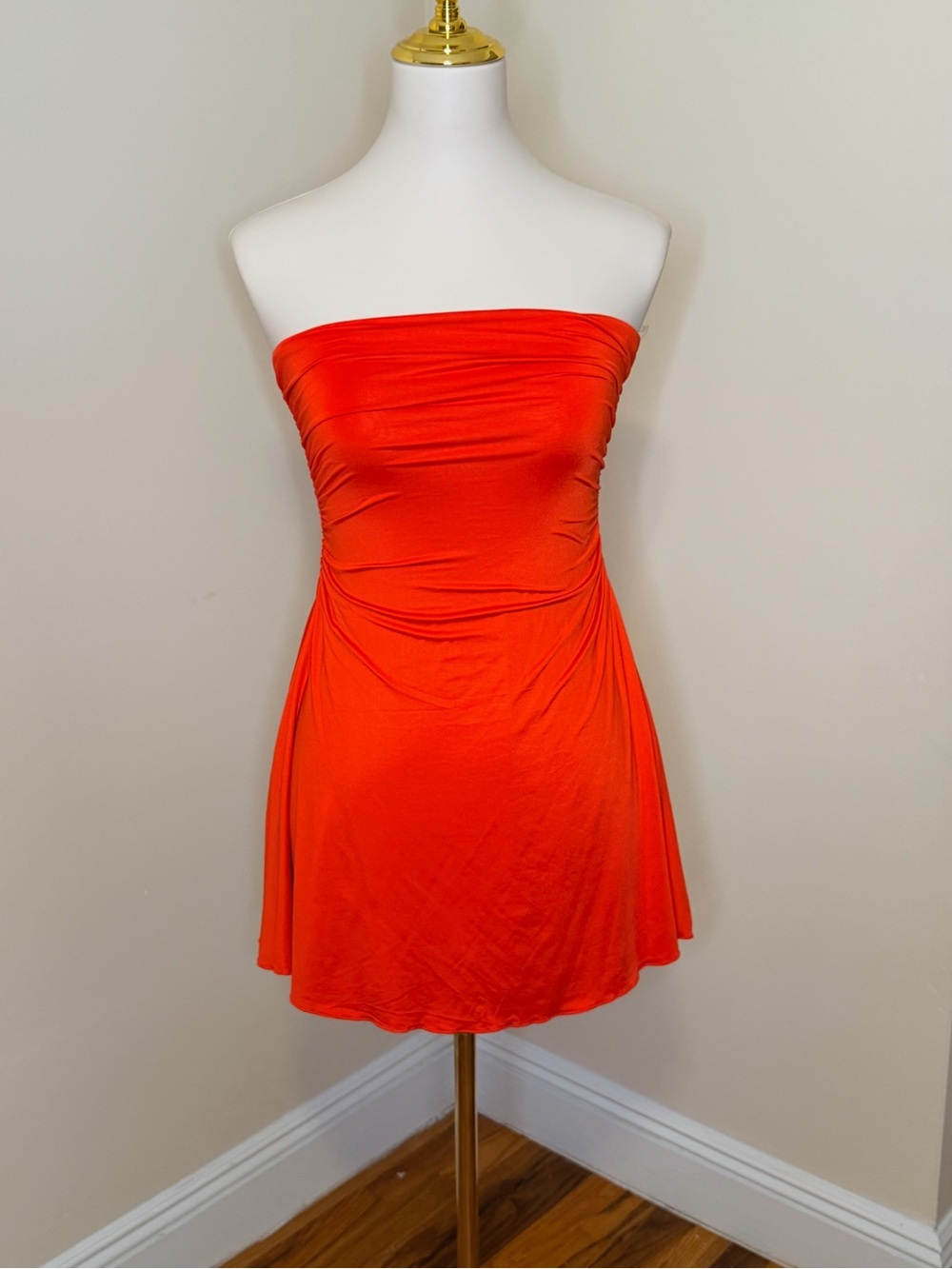 Oh Polly Strapless Ruched Mini Dress in Bright Orange
